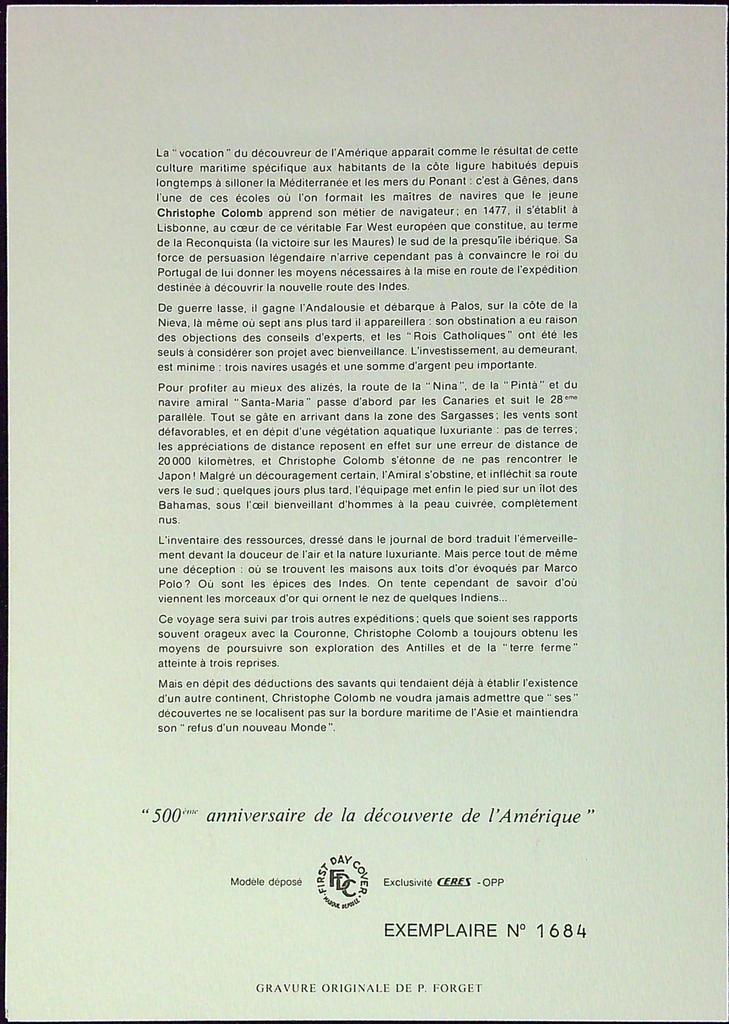 Christophe Colomb Enveloppe Dépliant Timbre 1er jour Encart Fdc Yvert et Tellier