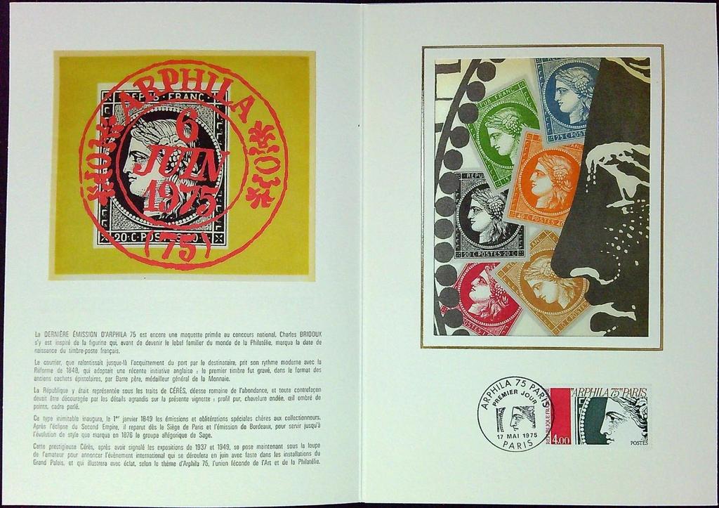 L'art la Philatélie Paris 1975 Céres Enveloppe Dépliant Timbre 1er jour Encart Fdc Yvert et Tellier