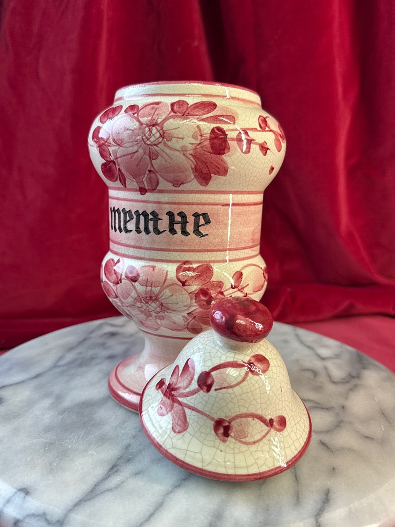 Pot décoratif de style pharmacie « Menthe », céramique à fleurs roses