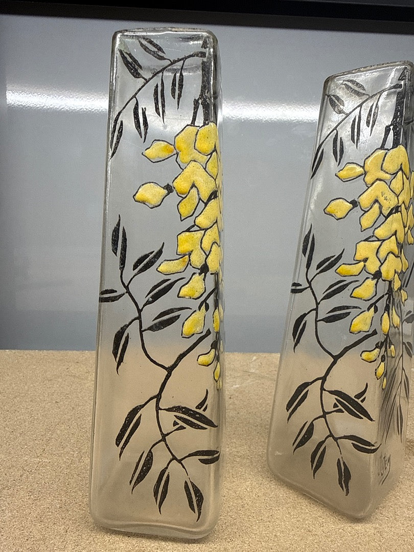 Paire de Vases Soliflores – Jem – Ornements – Verre Peint Fleurs Jaunes