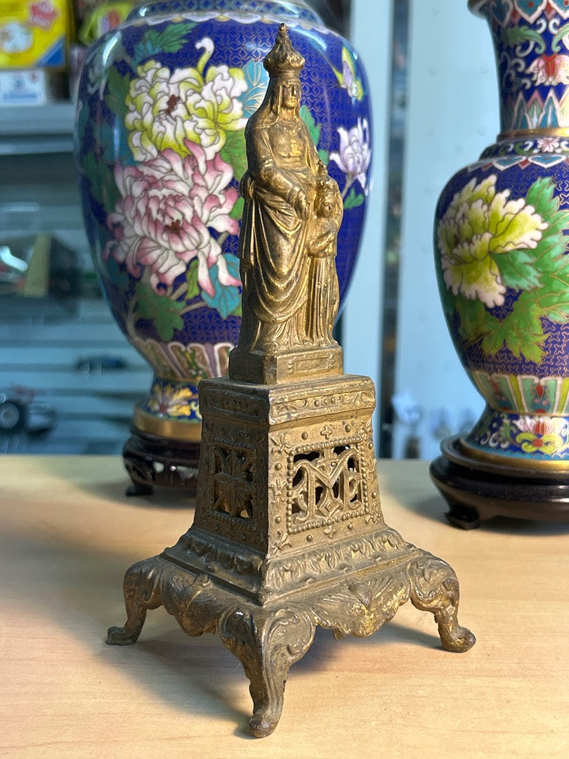 Statuette – Vierge Marie Et Enfant – Décoration – Métal Régule Dorée