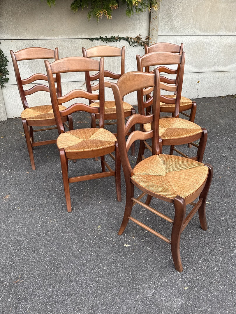 Lot de 6 chaises en bois et paille style rustique