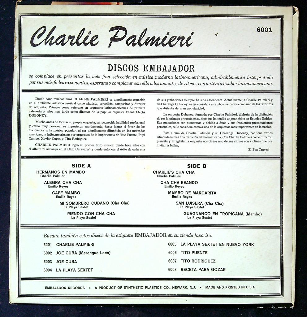 disque Vinyle Charlie Palmieri Lo Ultimo Latin Salsa