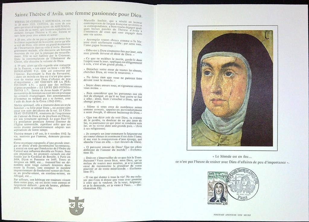 Sainte Thérèse D'avila Enveloppe Dépliant Timbre 1er jour Encart Fdc Yvert et Tellier