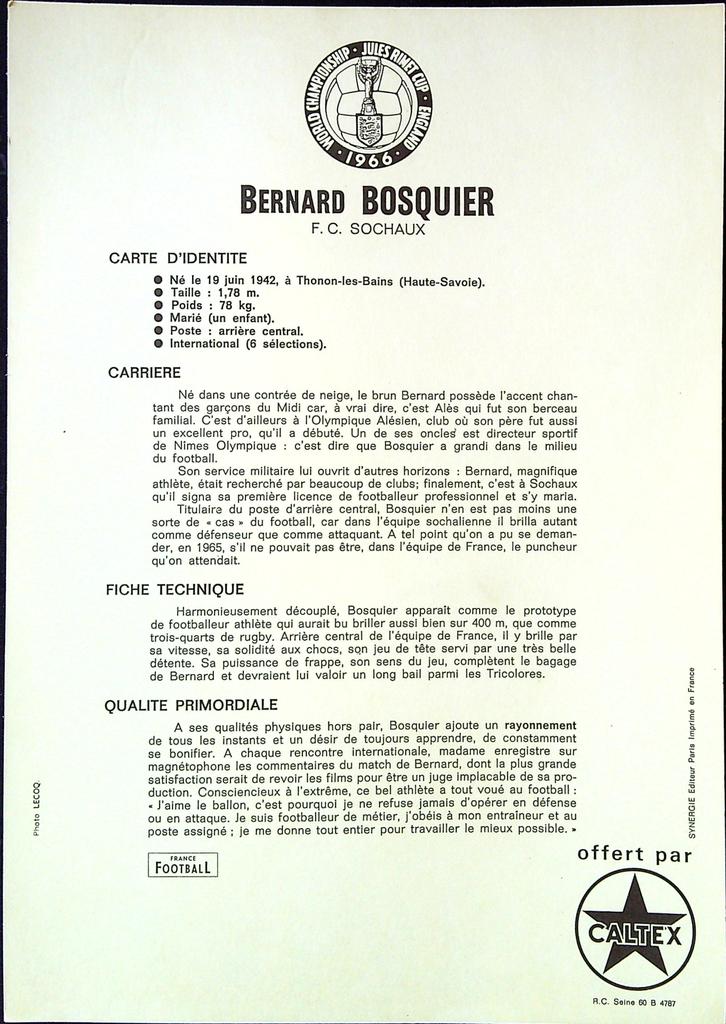 Fiche – Caltex 1966 – Memorabilia – Bernard Bosquier