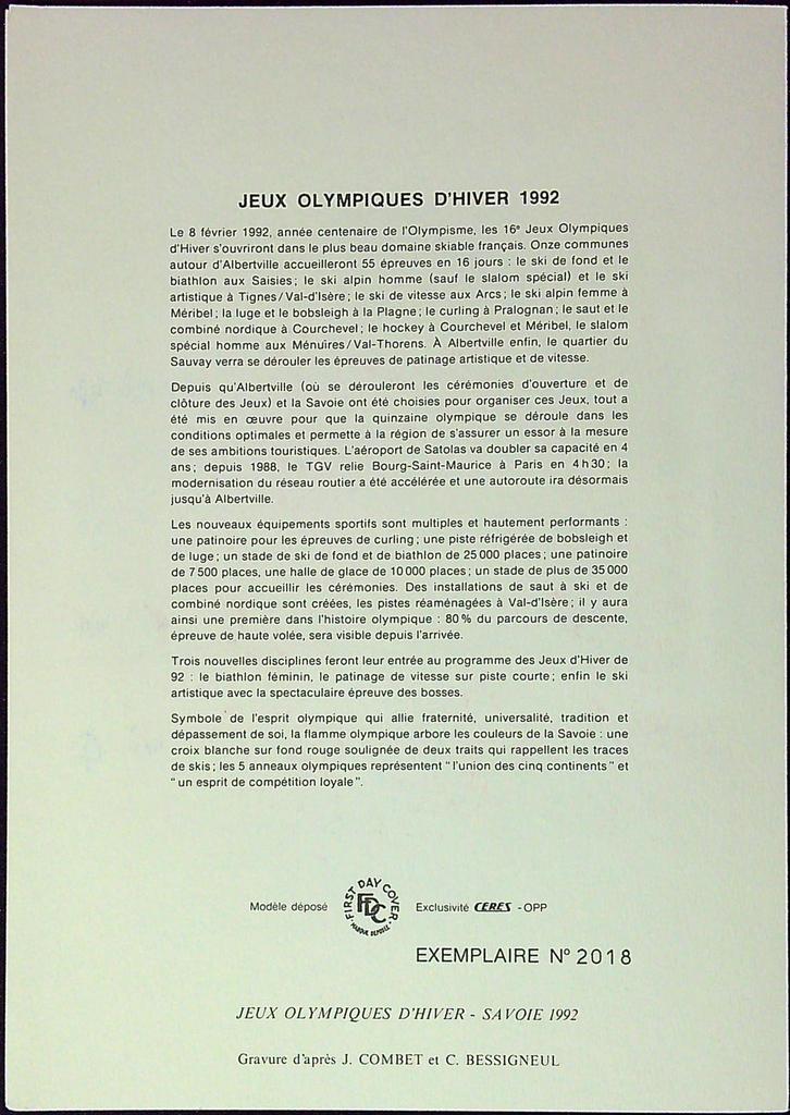 Jeux Olympiques D'hiver Savoie 1992 Enveloppe Dépliant Timbre 1er jour Encart Fdc Yvert et Tellier