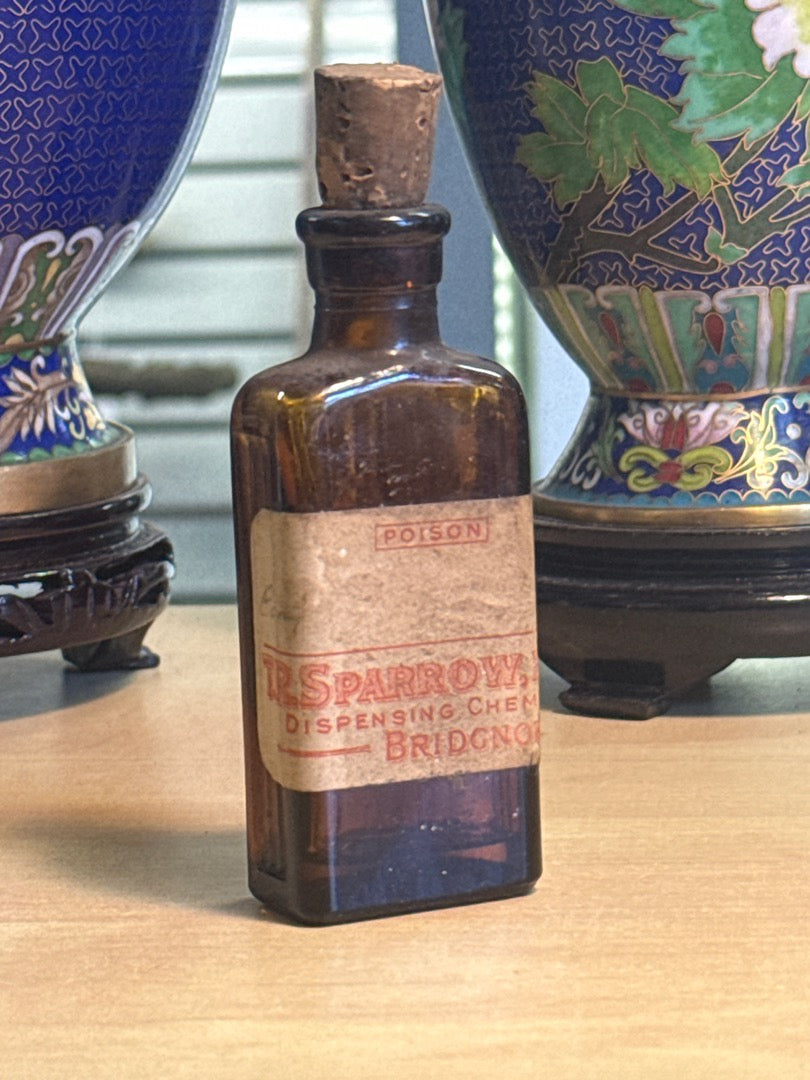 Flacon poison – R. Sparrow – Ornement – Verre ambré vintage