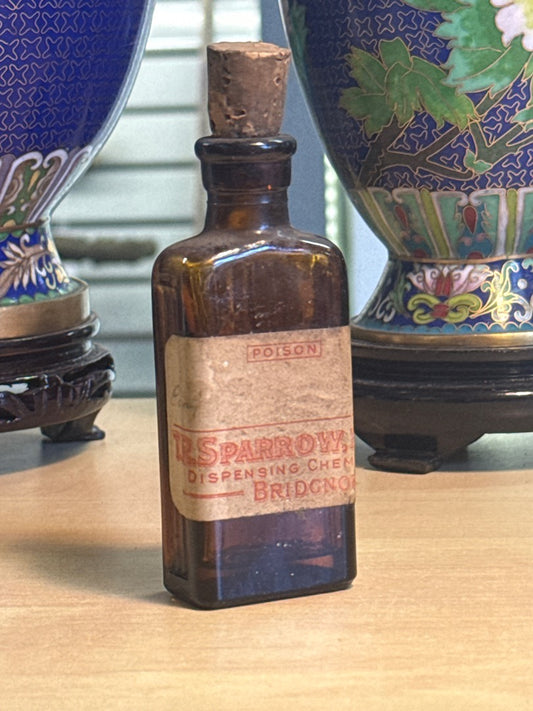 Flacon poison – R. Sparrow – Ornement – Verre ambré vintage