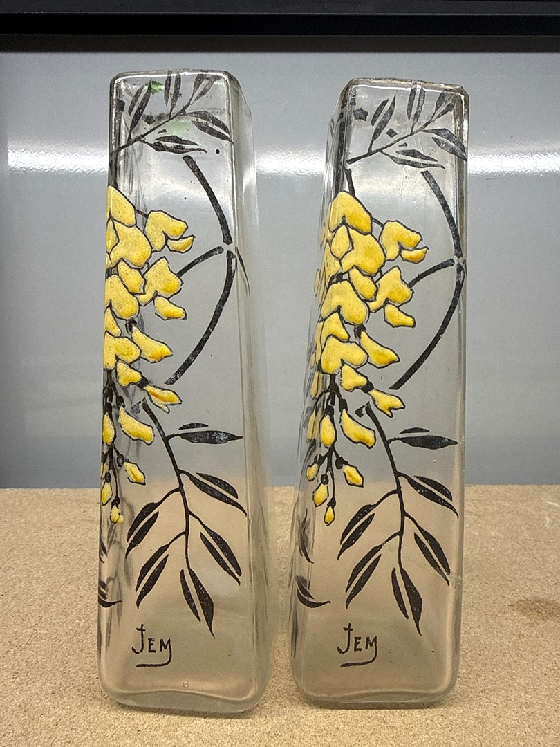Paire de Vases Soliflores – Jem – Ornements – Verre Peint Fleurs Jaunes