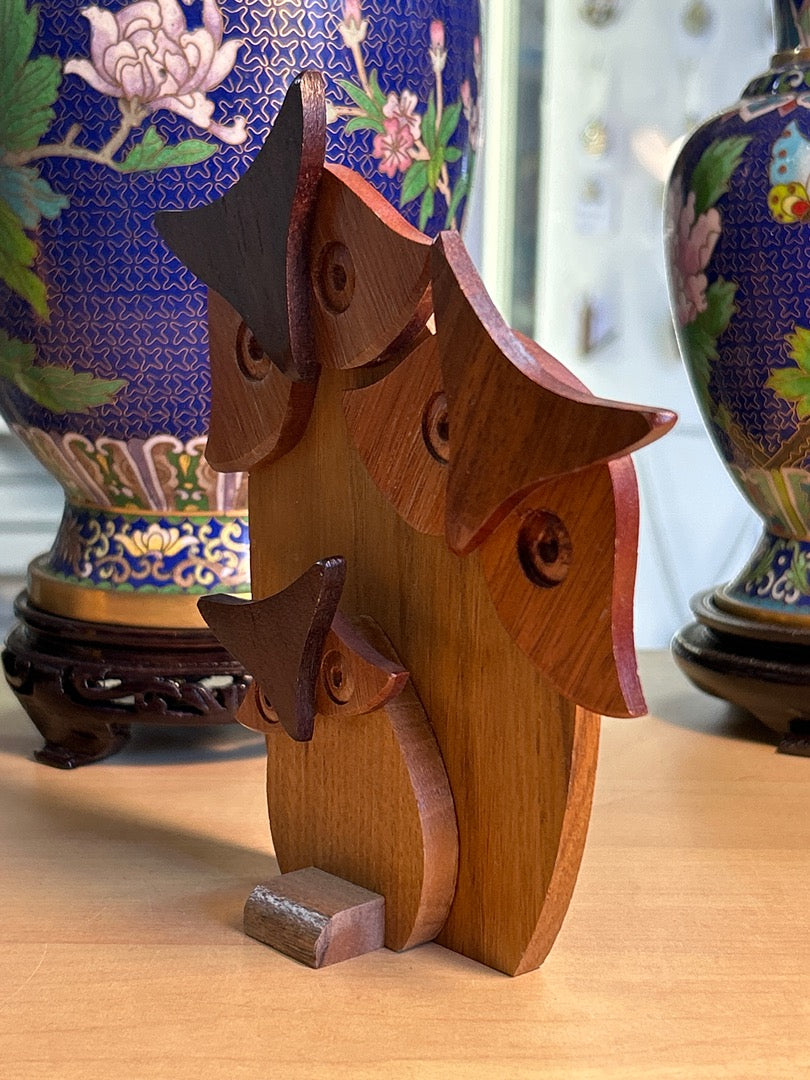 Statue Famille Chouettes Bois Vintage