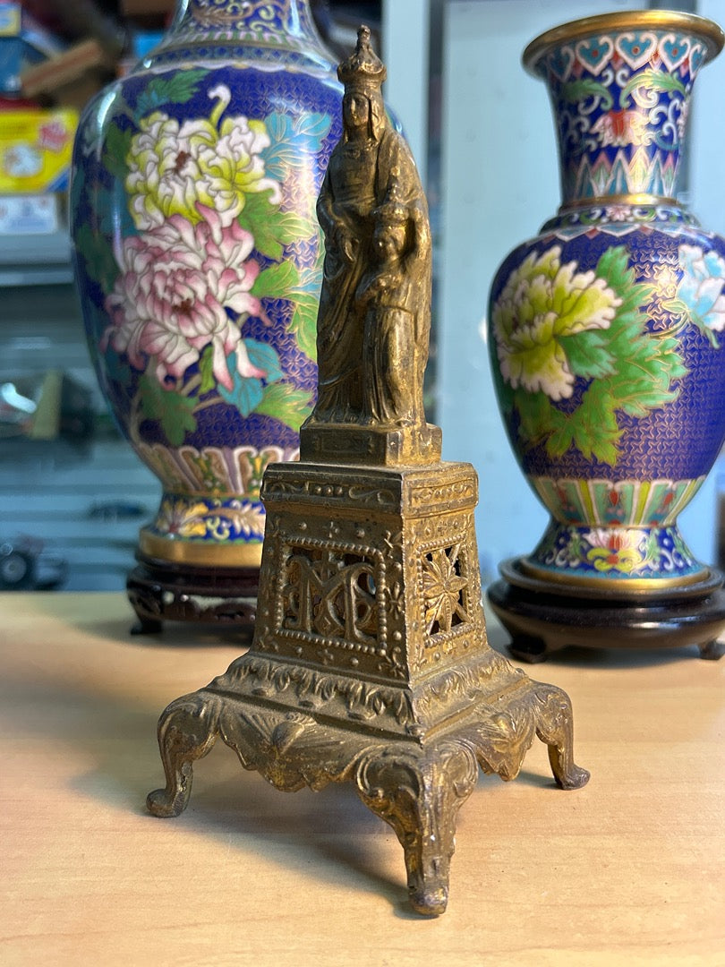 Statuette – Vierge Marie Et Enfant – Décoration – Métal Régule Dorée