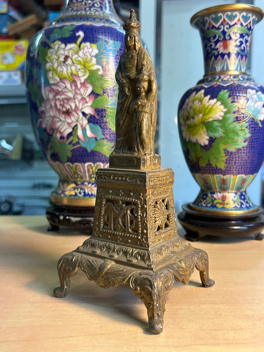 Statuette – Vierge Marie Et Enfant – Décoration – Métal Régule Dorée