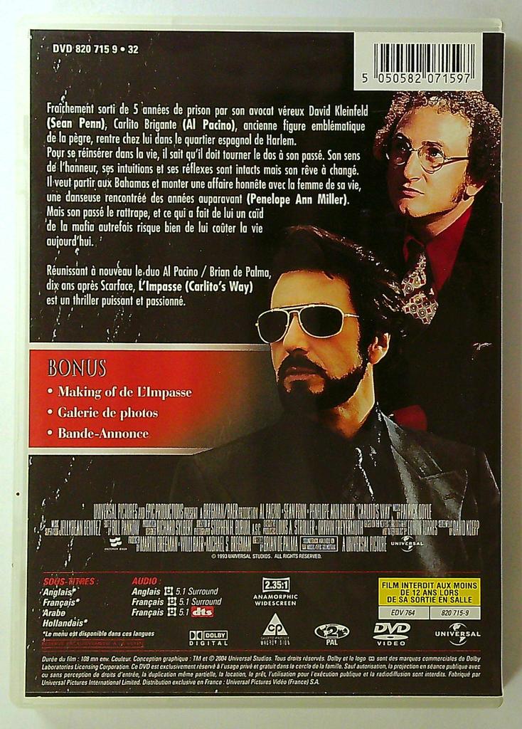 Dvd L'impasse Carlito's Way Al Pacino Brian De Palma