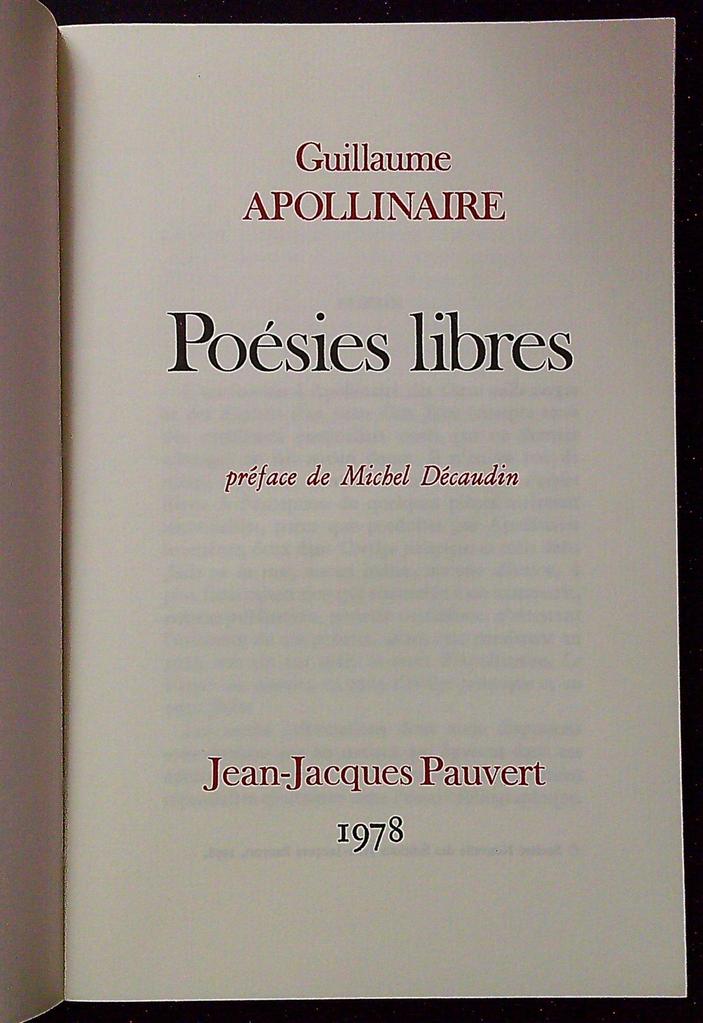Livre – Poésies libres – Apollinaire – Pauvert 1978