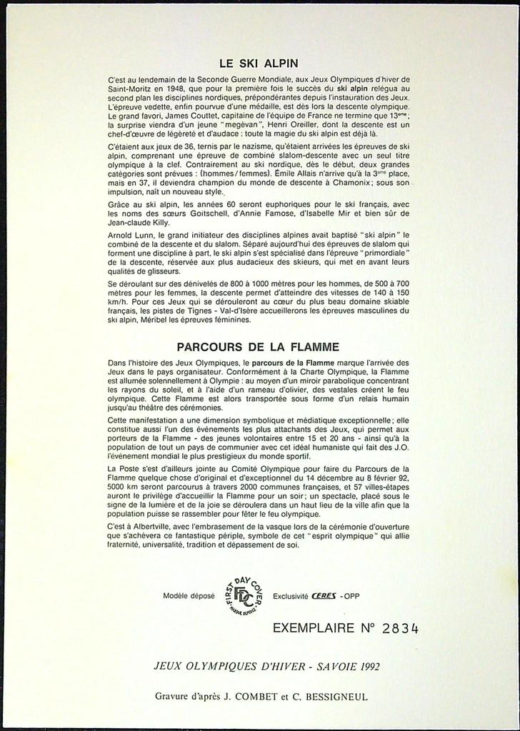 Jeux Olympiques D'hivers Savoie 1992 Enveloppe Dépliant Timbre 1er jour Encart Fdc Yvert et Tellier