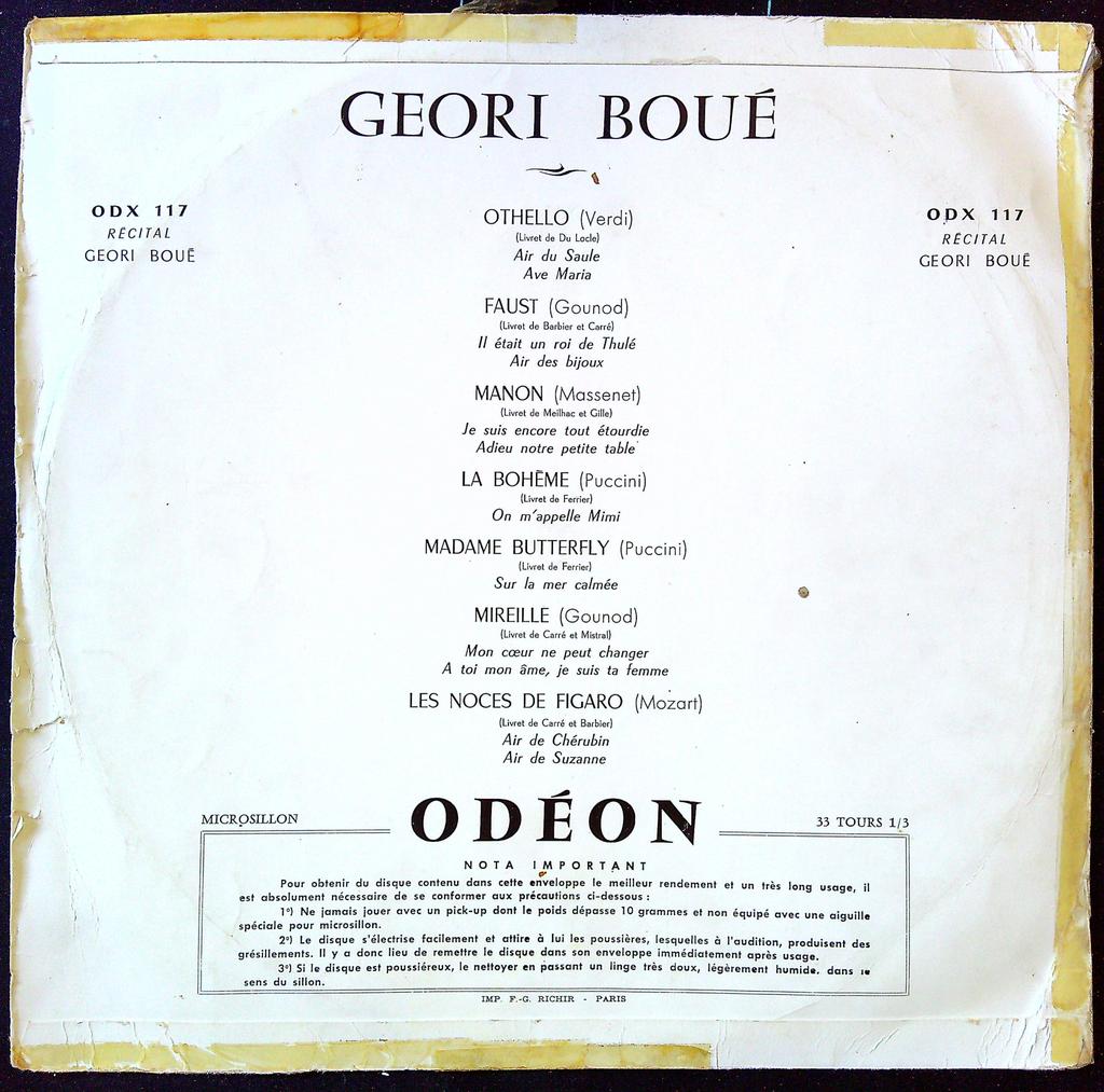 Vinyle – Geori Boué Odx 117 – Musique – Récital opéra