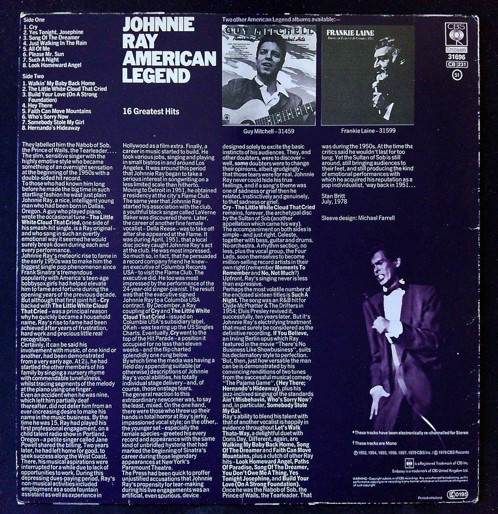 Vinyle Johnnie Ray American Legend 16 Greatest Hits