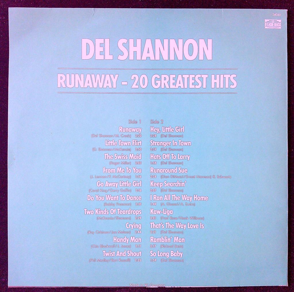 vinyle Del Shannon - Runaway - 20 Greatest Hits