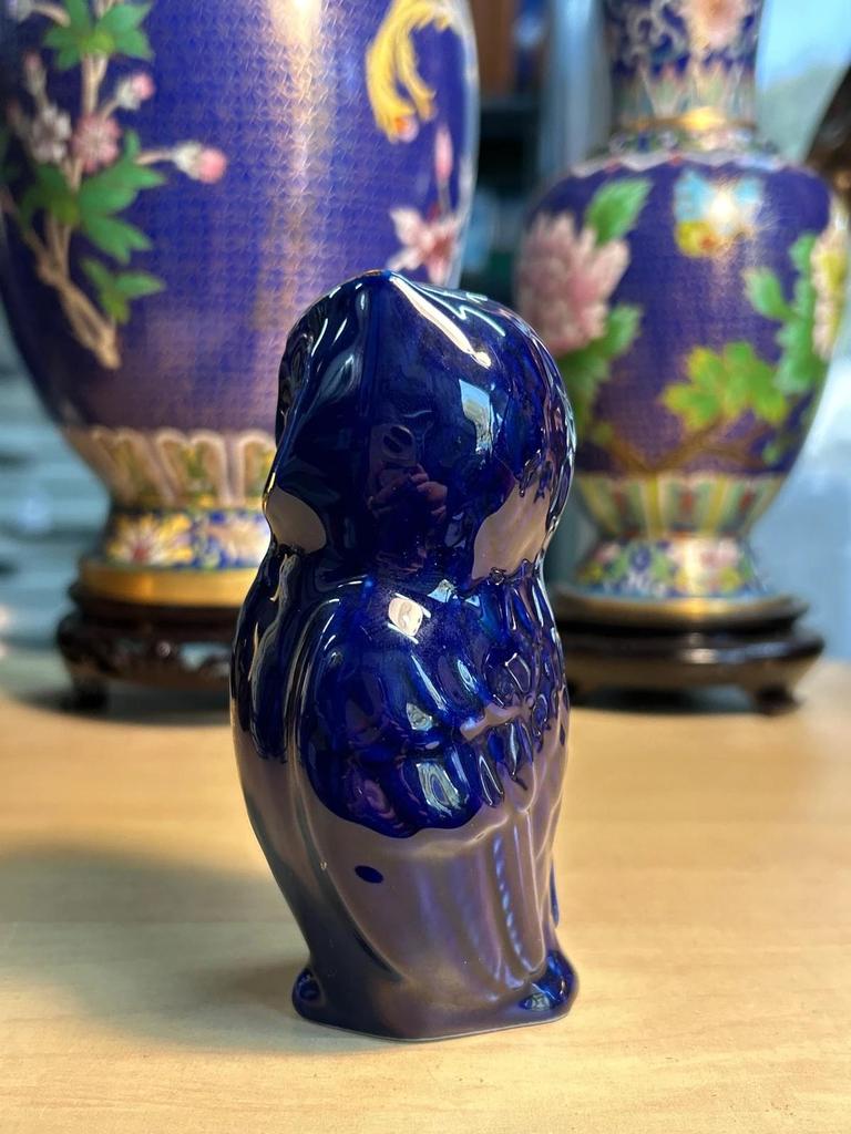 Statuette sculpté Chouette / Hibou en porcelaine bleue décor doré Nerja Costa Del Sol