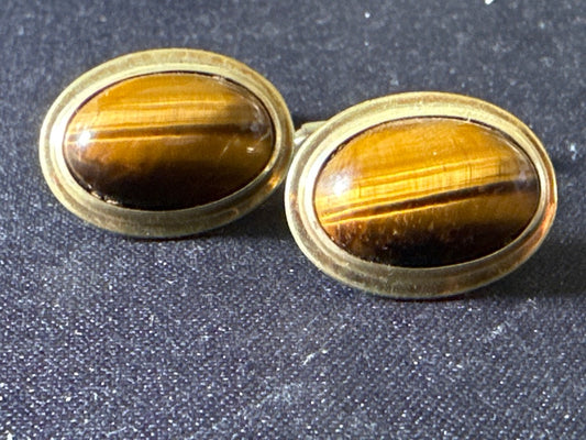 Boutons de manchette – Vintage – Accessoires homme – Pierre œil de tigre plaqué Or