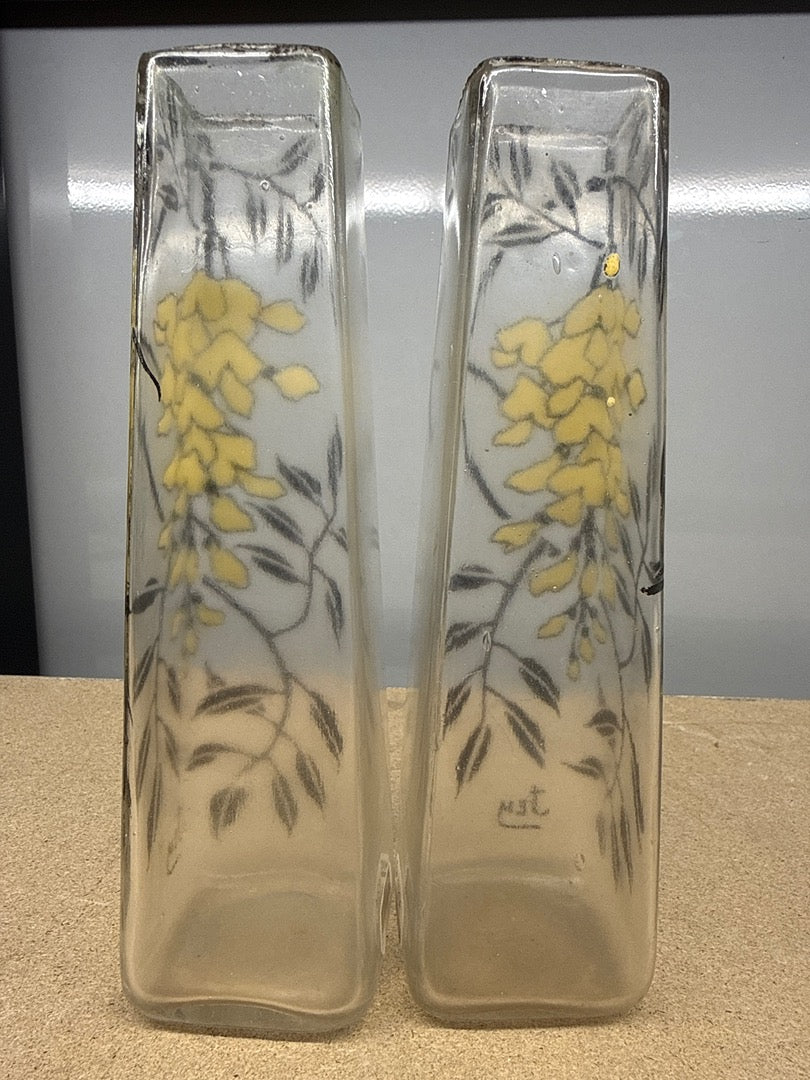 Paire de Vases Soliflores – Jem – Ornements – Verre Peint Fleurs Jaunes