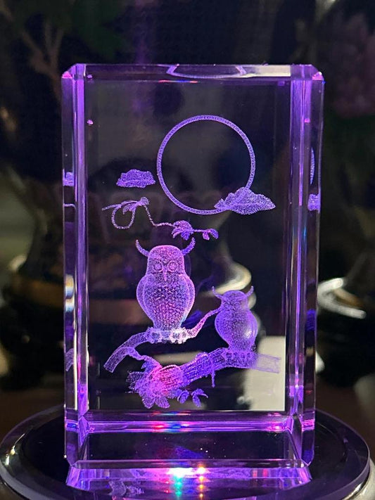 Bloc de verre lumineux représentant des hiboux