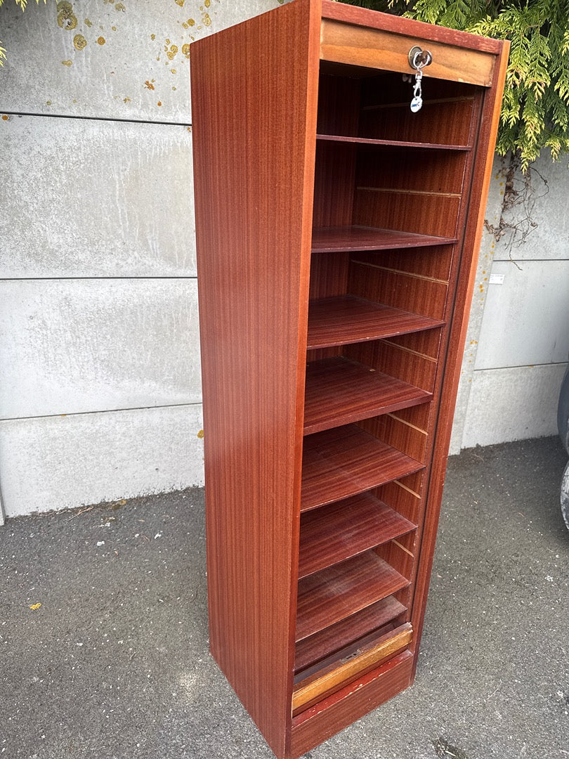Meuble classeur à rideau – Organisateur de bureau – Bois vintage marron