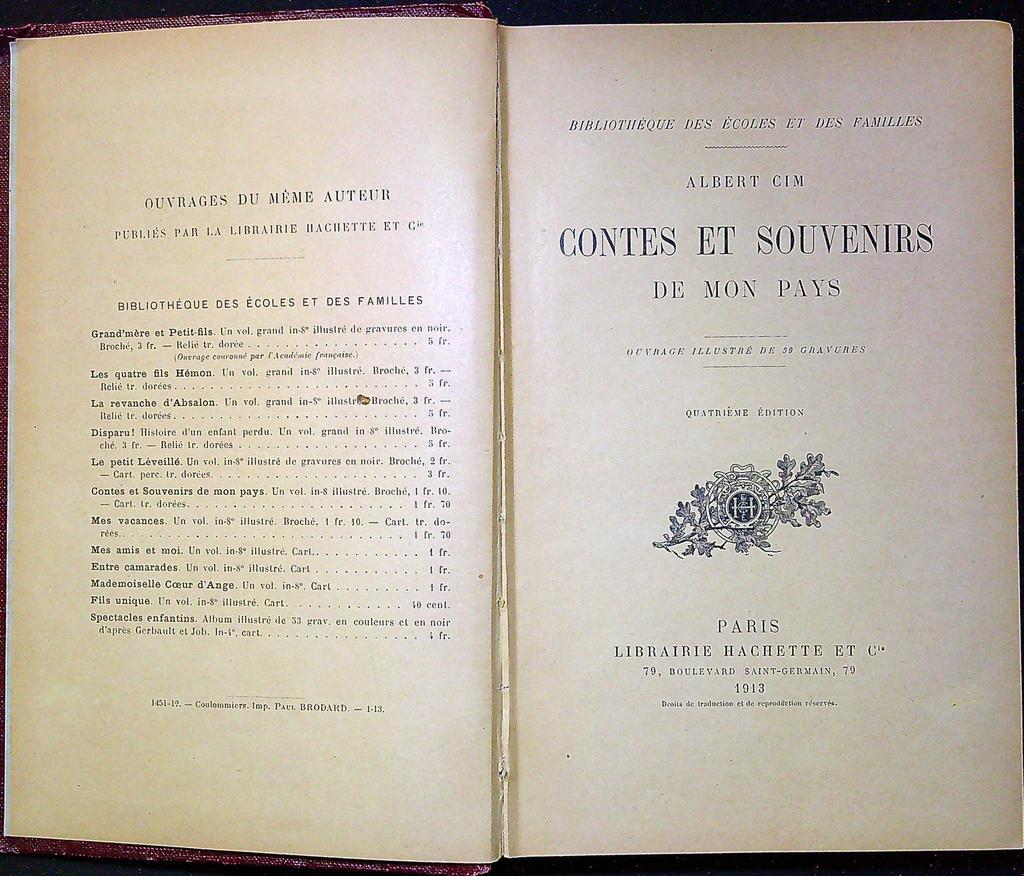 Livre – Albert Cim – Contes et souvenirs de mon pays – Hachette 1913