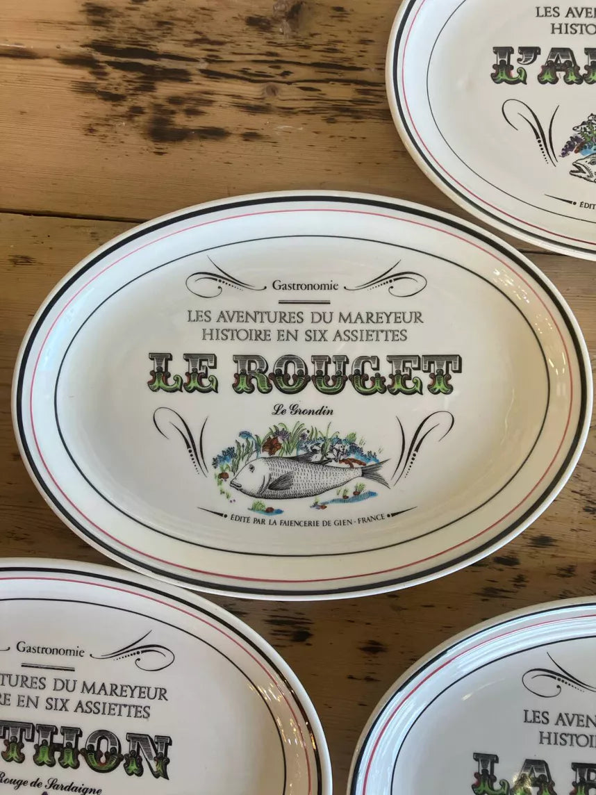 Assiettes A Poisson Gien Les Aventures Du Mareyeur Histoire En Six Assiettes, Dans Sa Boite D'origine.