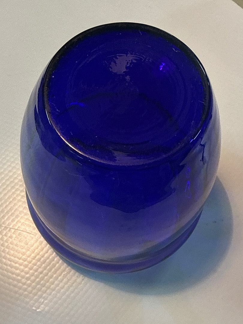 Bonbonnière pot en verre bleu support cocardes diable démon