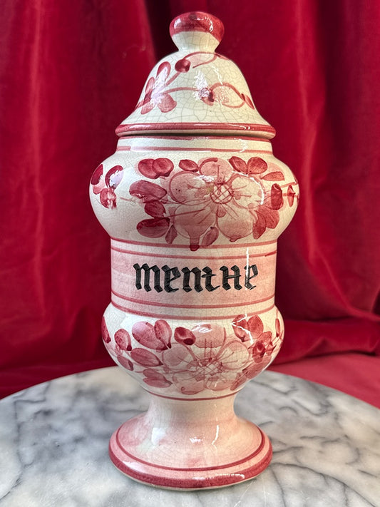 Pot décoratif de style pharmacie « Menthe », céramique à fleurs roses