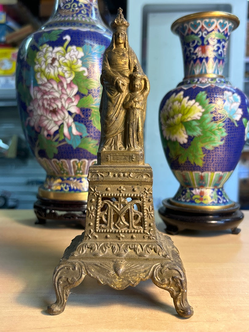 Statuette – Vierge Marie Et Enfant – Décoration – Métal Régule Dorée