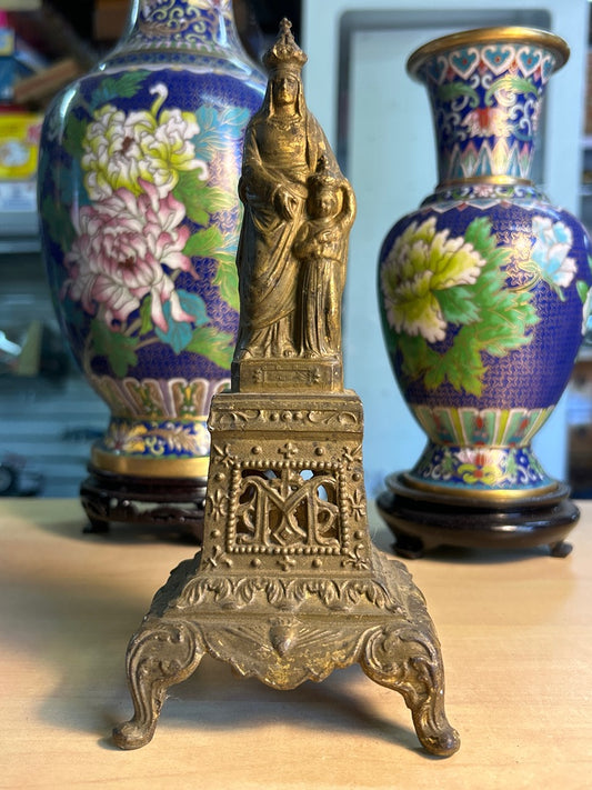 Statuette – Vierge Marie Et Enfant – Décoration – Métal Régule Dorée
