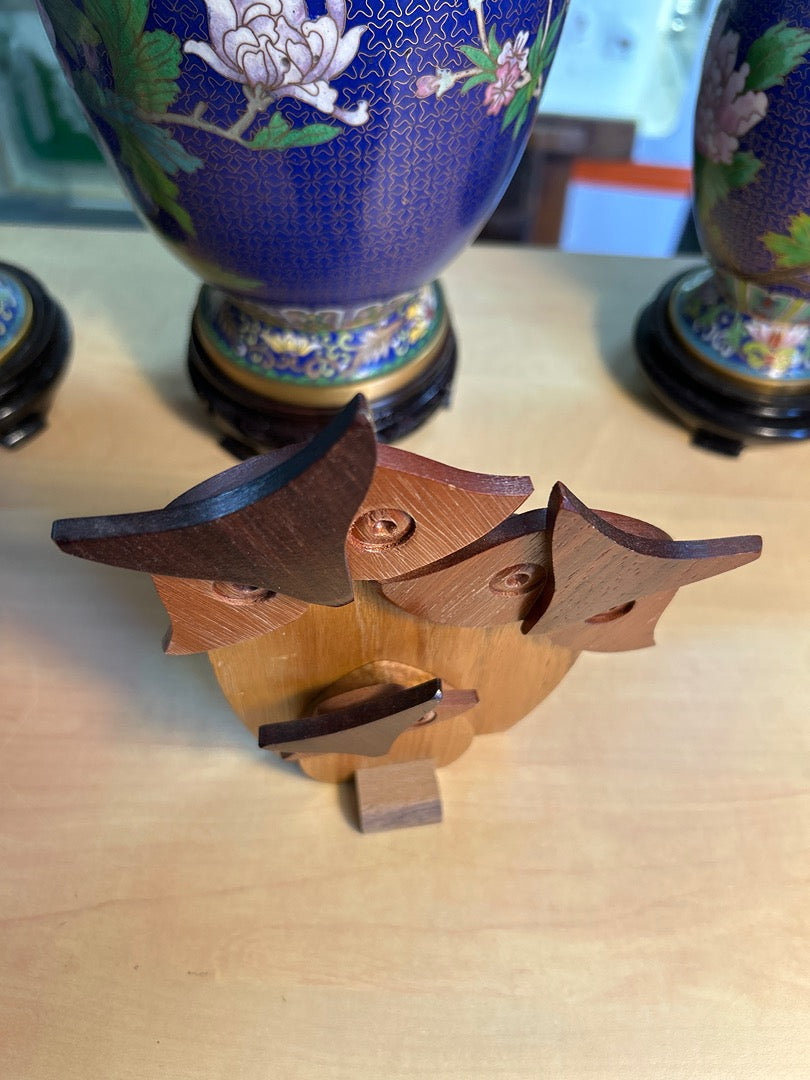 Statue Famille Chouettes Bois Vintage