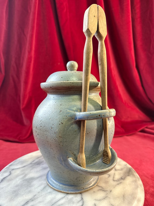Pot à cornichons en grès gris avec couvercle et pince, 22 cm