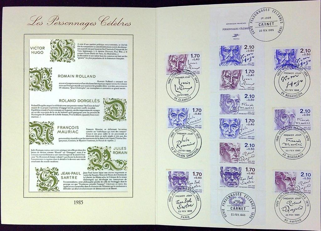 Personnages Célèbres 1985 Enveloppe Dépliant Timbre 1er jour Encart Fdc Yvert et Tellier