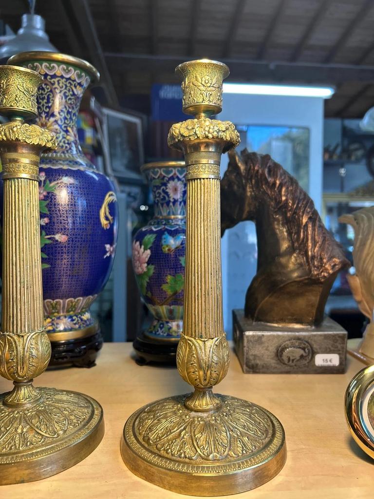 Paire de Bougeoirs Anciens En Bronze Doré