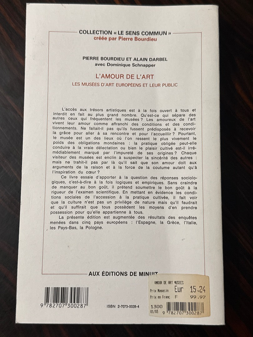 Livre – Pierre Bourdieu L'amour de l'art – Sciences humaines – Édition de Minuit