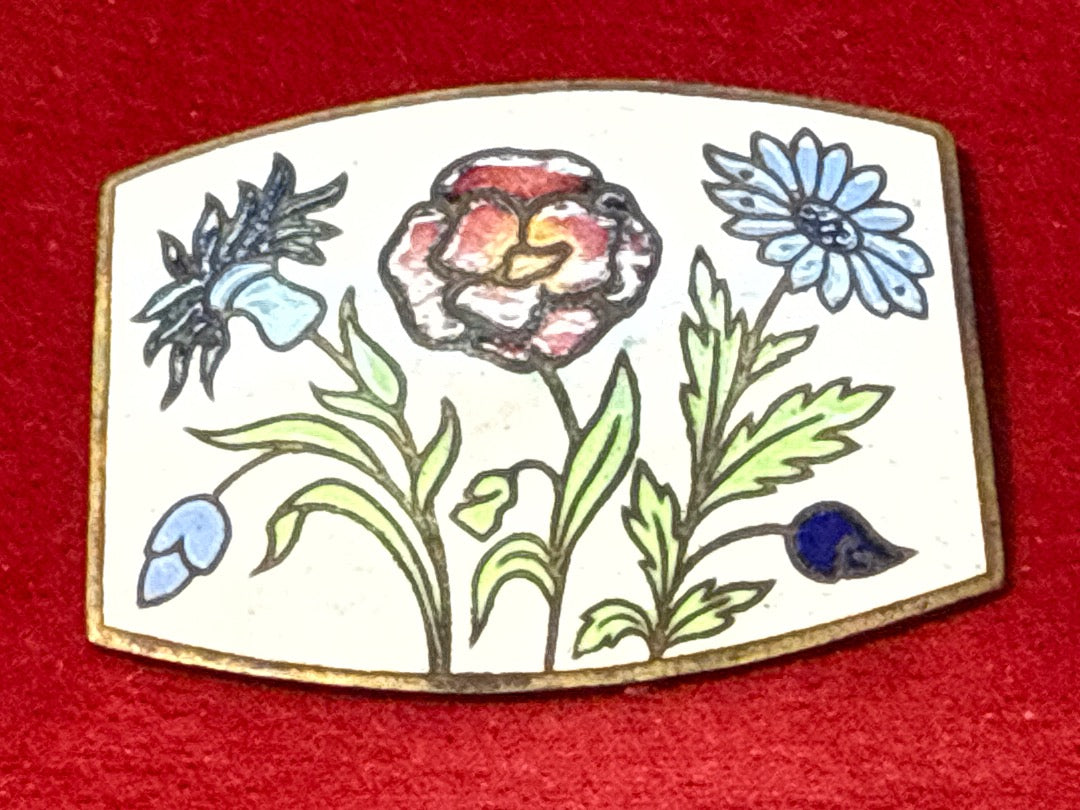 Broche ancienne email cloisonne motif floral fleurs