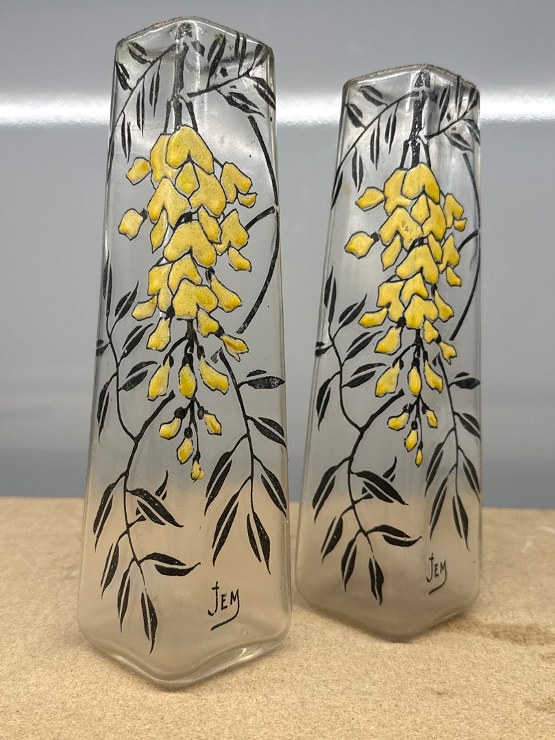 Paire de Vases Soliflores – Jem – Ornements – Verre Peint Fleurs Jaunes