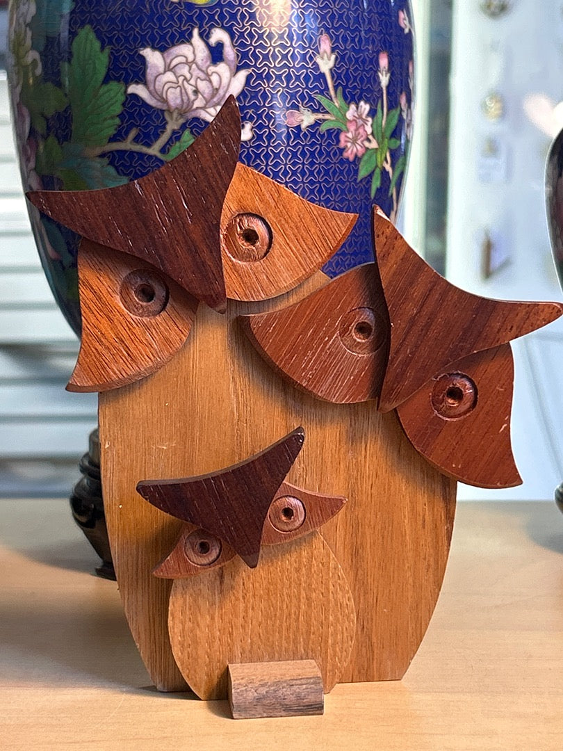 Statue Famille Chouettes Bois Vintage