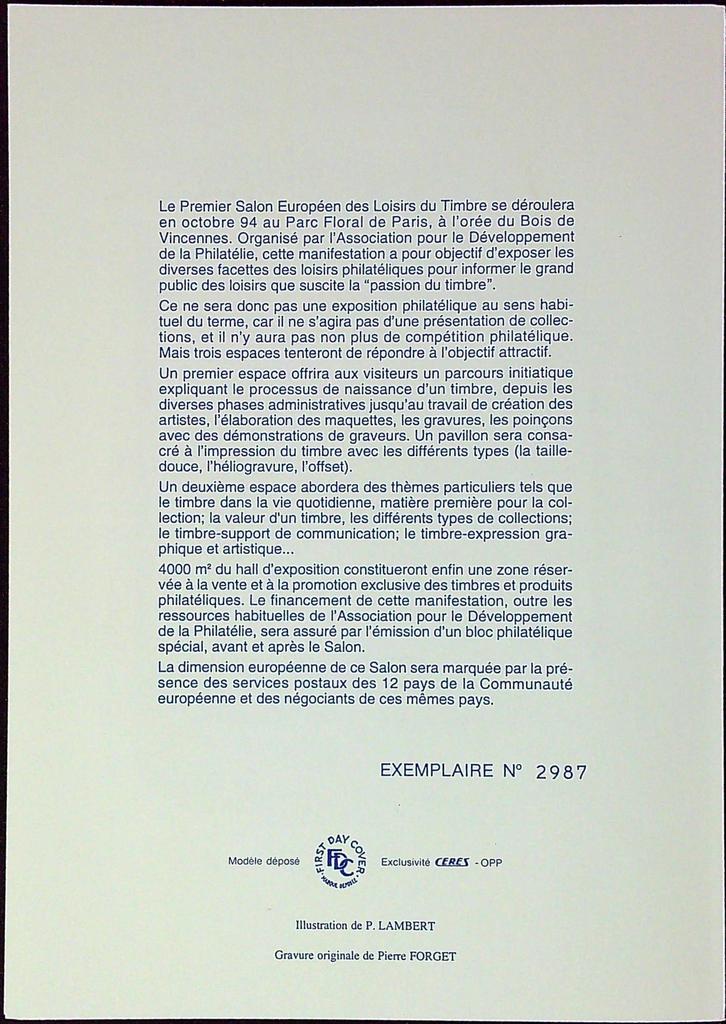 Salon Du Timbre 1993 Enveloppe Dépliant Timbre 1er jour Encart Fdc Yvert et Tellier
