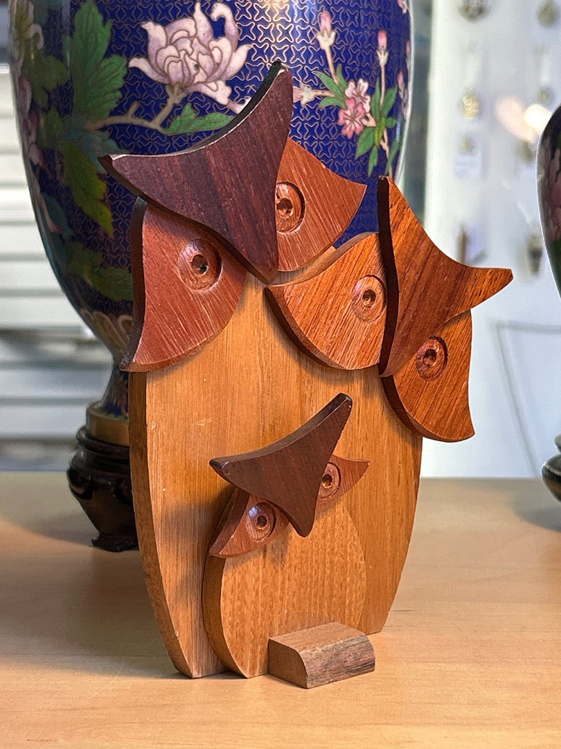 Statue Famille Chouettes Bois Vintage
