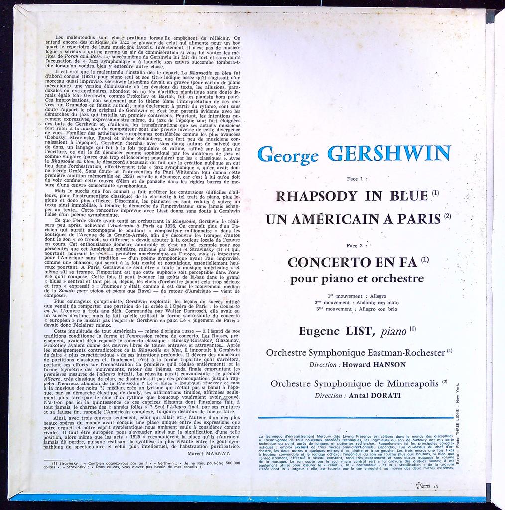 Vinyle 33t – Gershwin – Musique – Living Presence