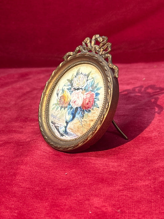 Cadre photo ancien en laiton miniature fleurs Rivaux