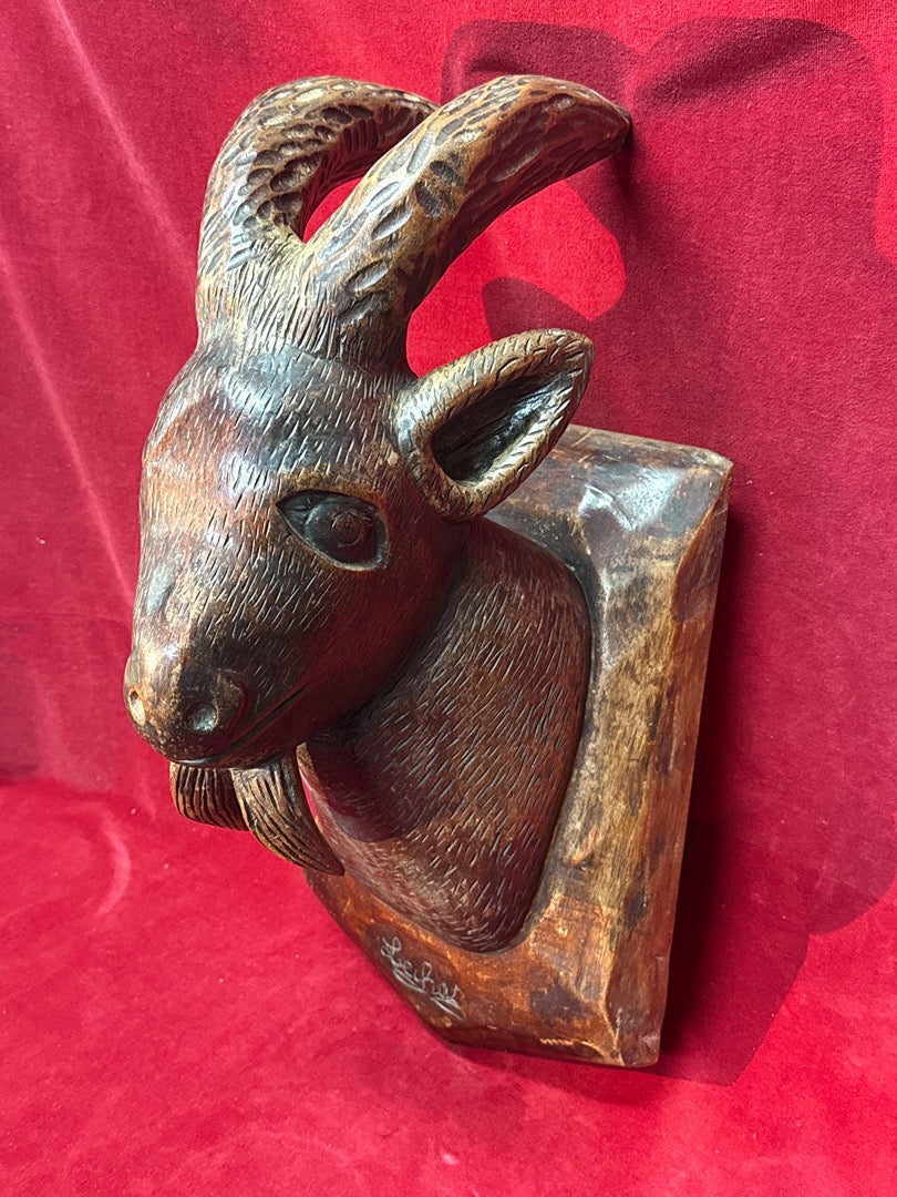 Trophée tête de bouquetin bois sculpté vintage