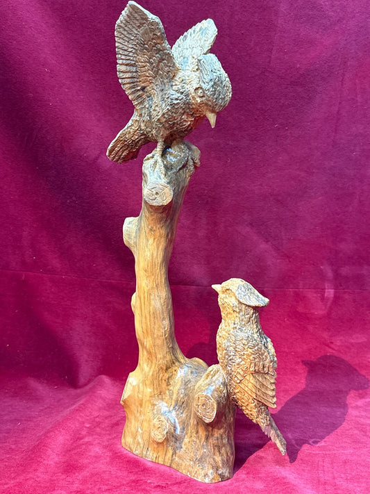Sculpture oiseaux sur tronc en bois signé Lechat