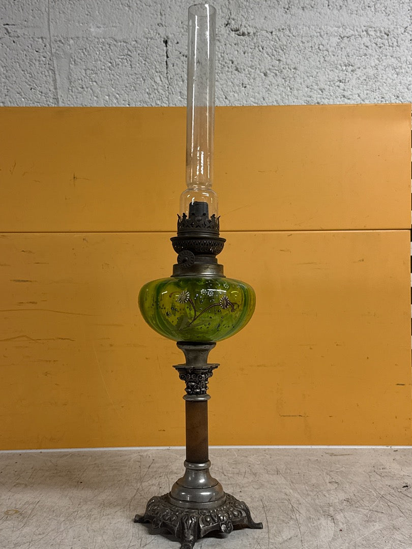 Lampe à pétrole vintage – Réservoir verre vert floral
