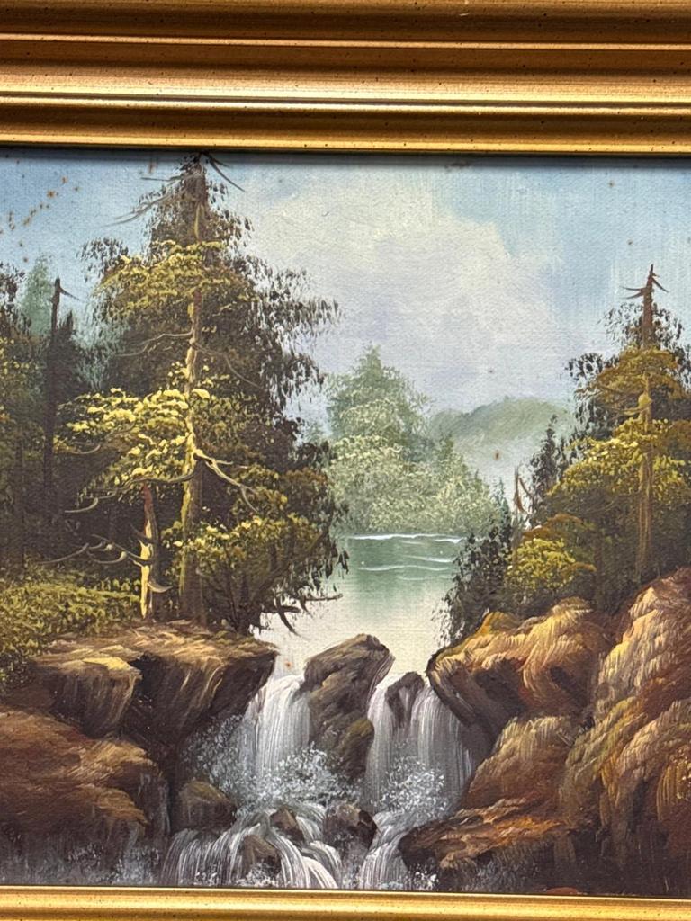 Tableau huile sur toile paysage montagne forêt cascade fleuve rivière