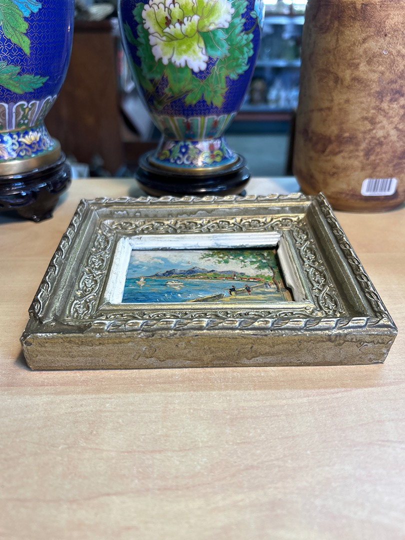 Peinture miniature paysage marin Am – Cadre doré vintage